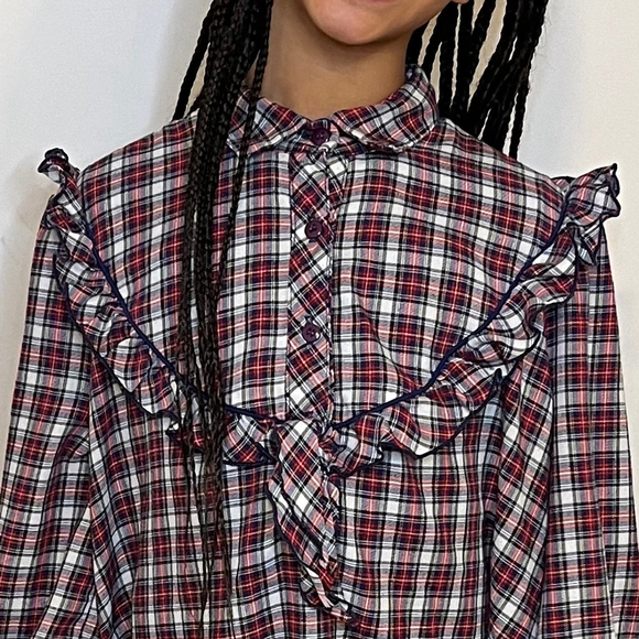 Girls Vintage Plaid Shift Dress Long Sleeves Ruffle Detail Yoke Tie Size 11/12 - Picture 4 of 12